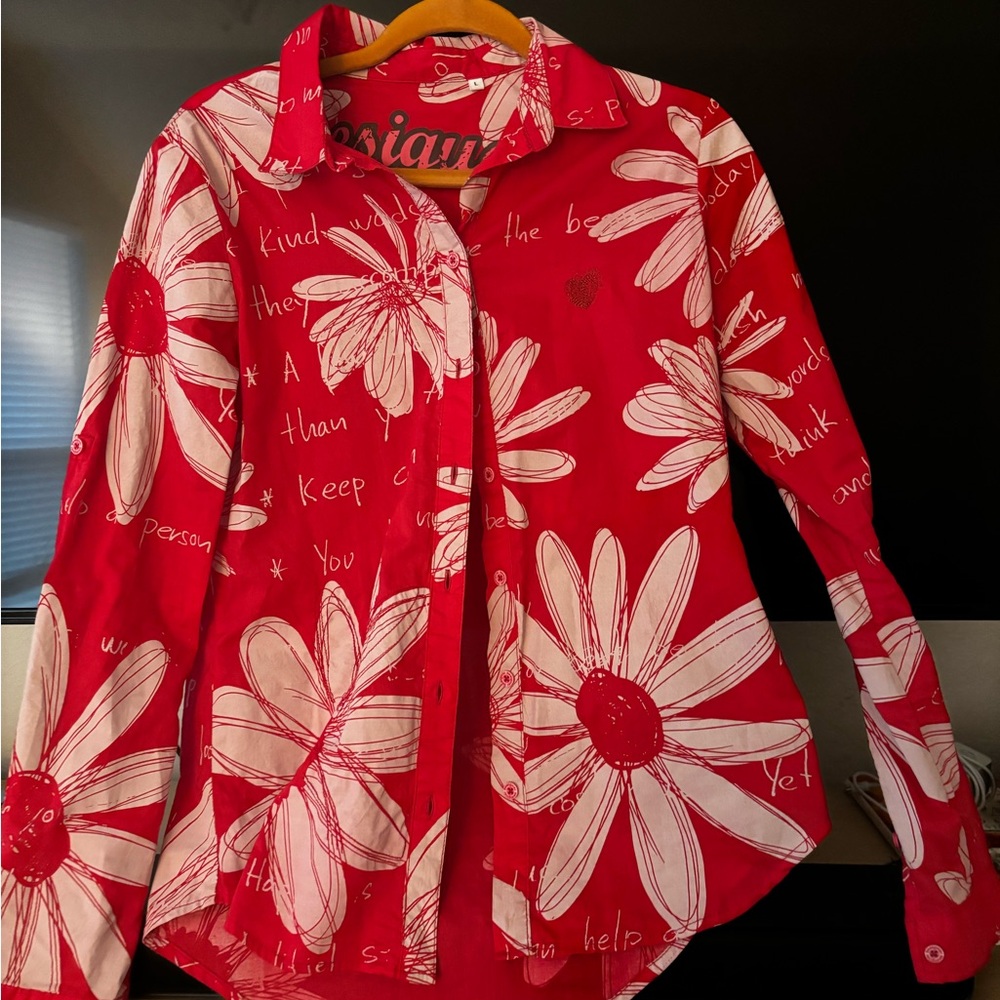Desigual Red and White Floral Button Down Shirt